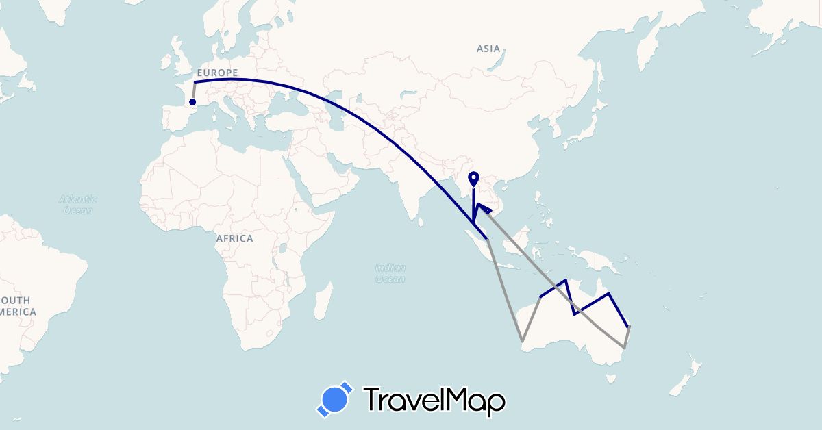 TravelMap itinerary: driving, plane in Australia, France, Cambodia, Singapore, Thailand (Asia, Europe, Oceania)